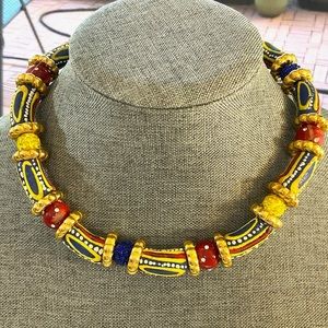 Artisan Necklace featuring African Kroba beads of hand painted recycled glass